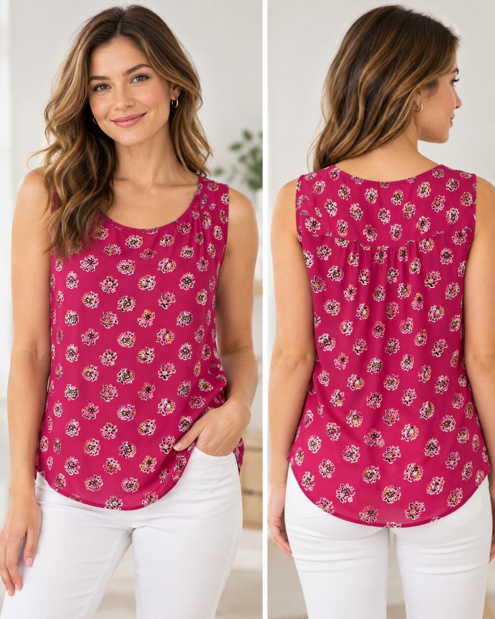 LOFT Pink Floral Sleeveless Blouse XS Flowy Scoop Neck Feminine Summer Top